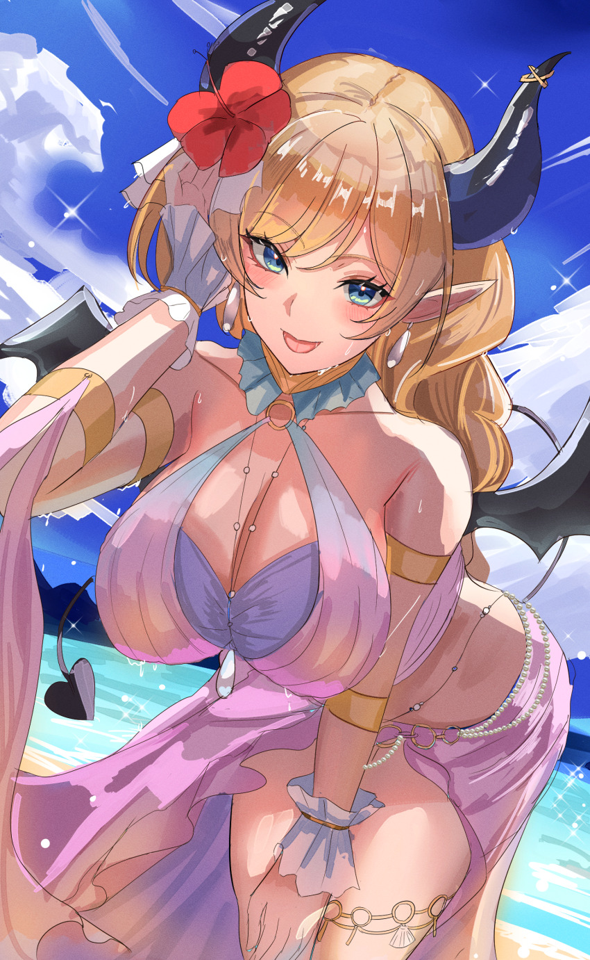 absurdres, beach, bent_over, bikini, black_horns, black_tail, black_wings, blonde_hair