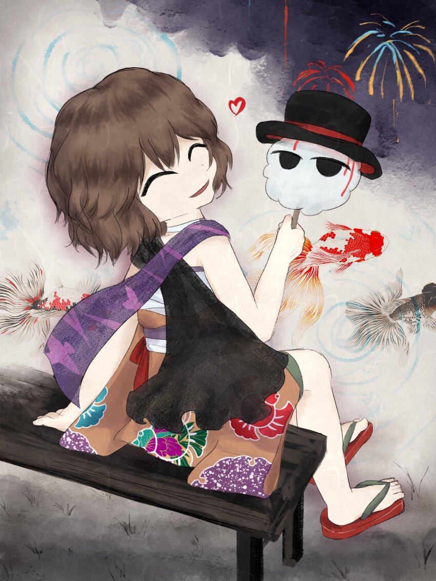 1other, ^_^, aerial_fireworks, androgynous, animal_print, bare_arms, bare_legs, bare_shoulders