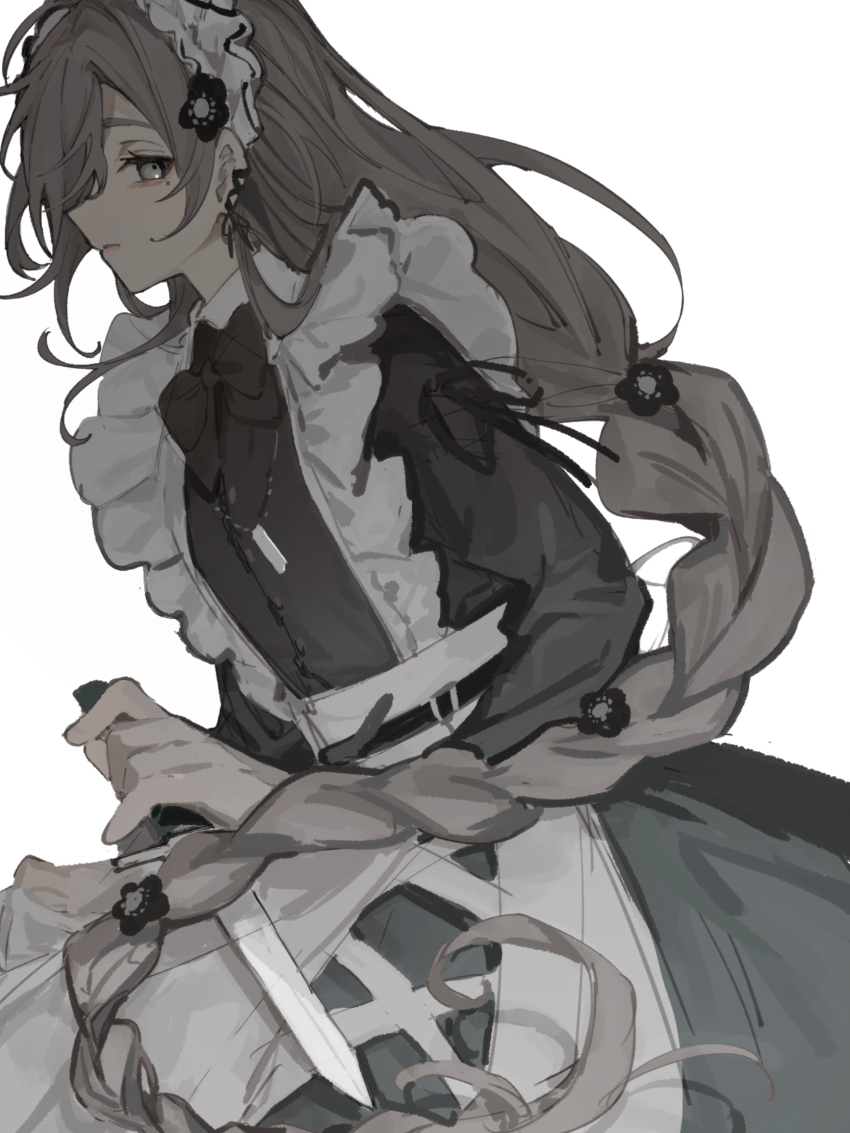 1boy, apron, black_bow, black_bowtie, black_dress, bow, bowtie, braid