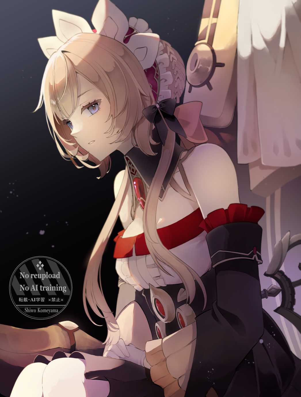 1girl, 1other, bare_shoulders, black_background, black_bow, black_dress, black_sleeves, blue_eyes