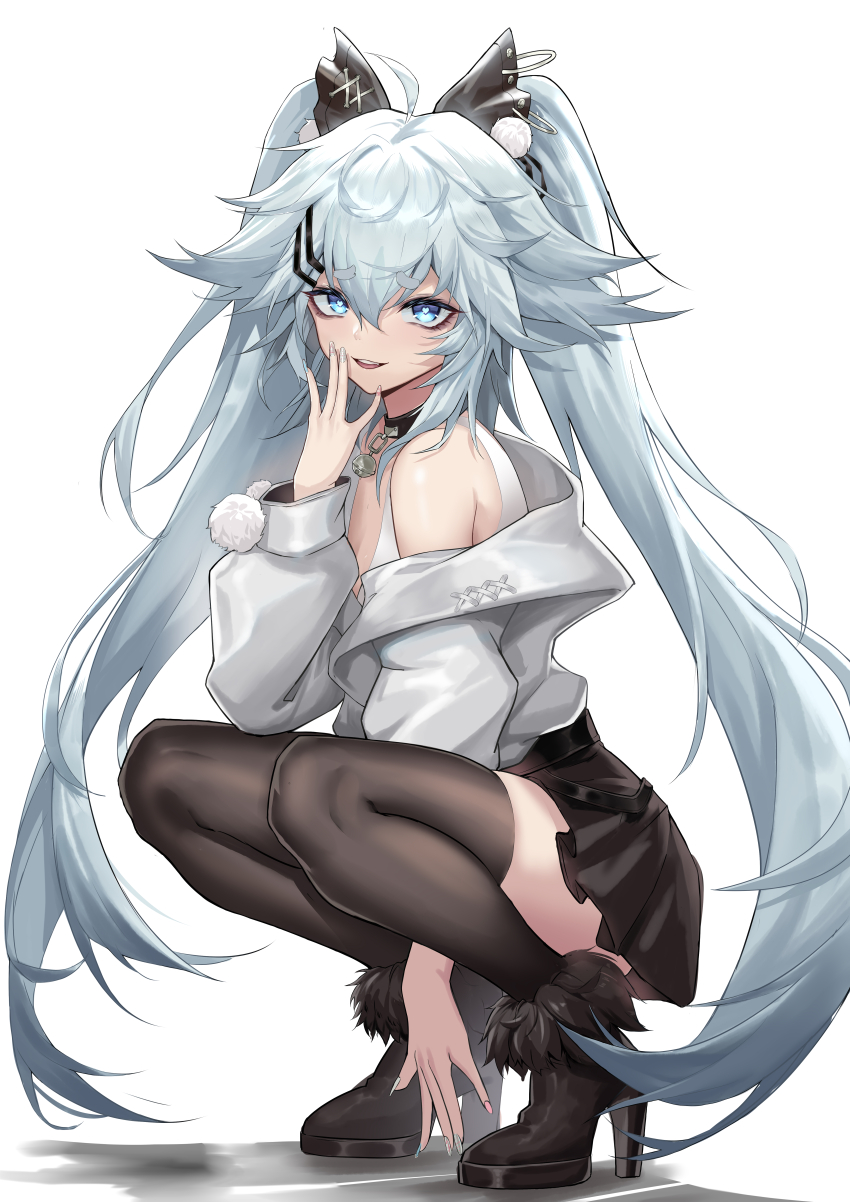 1girl, absurdres, ahoge, bare_shoulders, bell, black_choker, black_shoes, black_skirt