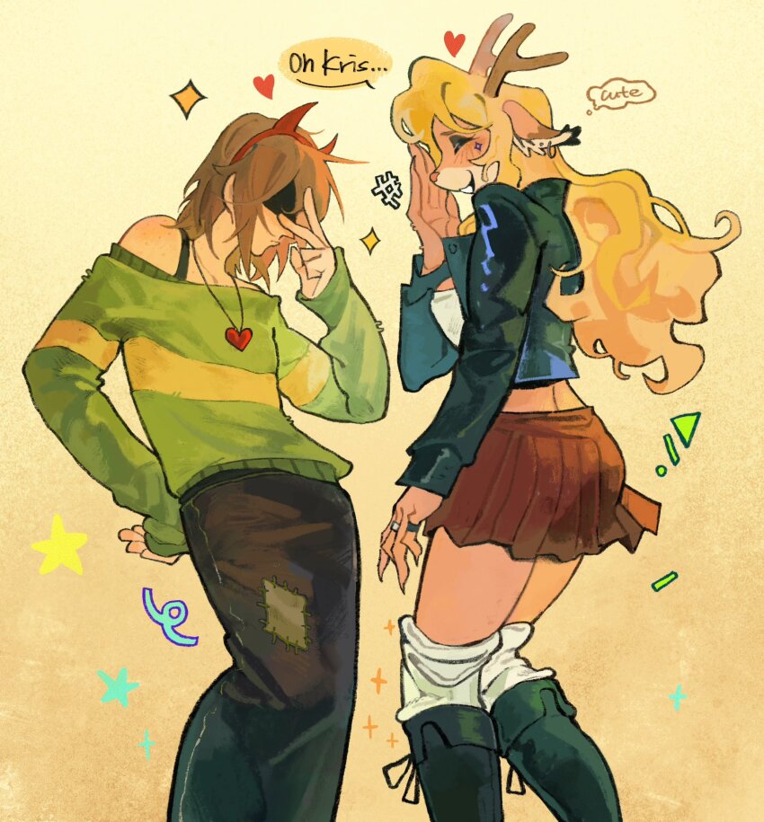1girl, 1other, alternate_costume, animal_ears, black_boots, black_eyeshadow, black_jacket, black_skirt, blonde_hair, boots, bourbonciely, brown_hair, brown_skirt, closed_eyes, deer_ears, deer_girl, deltarune, eyeshadow, furry, furry_female, green_sweater, heart, heart_pendant, highres, horns, jacket, jewelry, knee_boots, kris_(deltarune), leg_warmers, long_hair, long_skirt, makeup, noelle_holiday, off-shoulder_sweater, off_shoulder, patch, pendant, ring, shaded_face, short_hair, skirt, smile, sparkle, speech_bubble, standing, sweater, utdr_(toby_fox), wavy_hair, yellow_background
