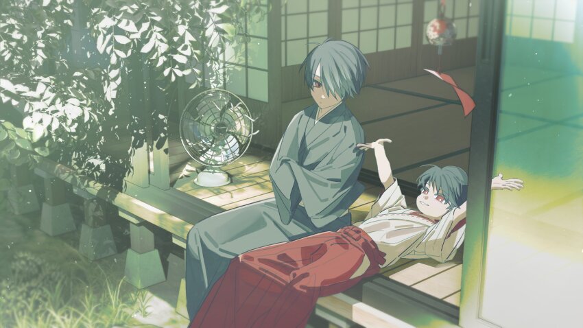 2boys, black_hair, black_kimono, closed_mouth, crossed_arms, hair_over_one_eye, hakama, hakama_skirt, highres, japanese_clothes, kabae, kimono, korean_commentary, looking_at_another, lying, male_focus, miko, multiple_boys, on_back, ooe_(game), oosaki_(ooe), outdoors, red_eyes, red_hakama, shiodome_(ooe), short_hair, sitting, skirt, sliding_doors, smile, veranda, white_kimono, wide_sleeves, wind_chime