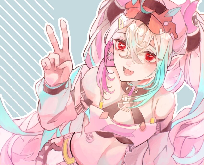 1girl, aqua_hair, bare_shoulders, crossed_bangs, fang, grey_hair, hair_between_eyes, high-waist_skirt, highres, jetavie:_daybreak_(mischievous_wings)_(pgr), jetavie:_daybreak_(sunny_splash)_(pgr), jetavie_(pgr), long_hair, looking_at_viewer, mismatched_pupils, multicolored_hair, open_mouth, pointy_ears, punishing:_gray_raven, red_eyes, red_hair, side00111, skin_fang, skirt, slit_pupils, solo, symbol-shaped_pupils, twintails, x-shaped_pupils