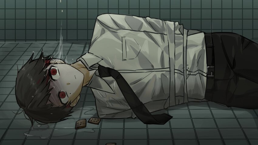 1boy, arms_behind_back, belt, black_hair, black_necktie, black_pants, bound, breast_pocket