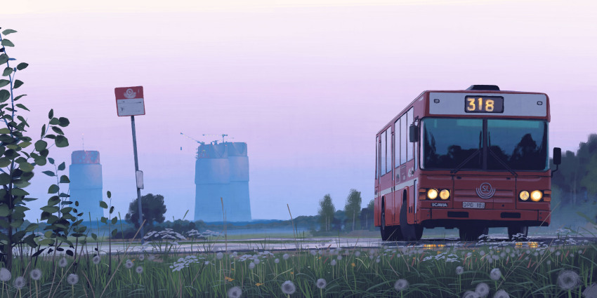architecture, bus, company_name, crane_(machine), dandelion, flower, grass, highres