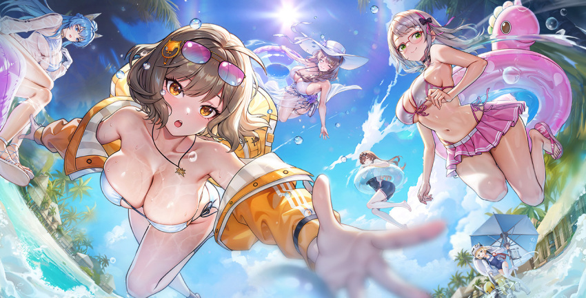 6+girls, ahoge, anis_(nikke), anis_(sparkling_summer)_(nikke), armpits, bad_link, bad_weibo_link, beach, beach_umbrella, bikini, bikini_under_clothes, black_choker, blonde_hair, blue_bikini, blue_eyes, blue_hair, braid, braided_ponytail, breasts, brown_hair, choker, cleavage, closed_eyes, cloud, collarbone, day, eyewear_on_head, flip-flops, glasses, gloves, goddess_of_victory:_nikke, green_eyes, grey_hair, hair_ornament, hair_over_shoulder, hat, helm_(aqua_marine)_(nikke), helm_(nikke), house, innertube, jewelry, large_breasts, large_hat, lens_flare, liter_(guardfish)_(nikke), liter_(nikke), long_hair, long_sleeves, mary_(bay_goddess)_(nikke), mary_(nikke), midair, multicolored_hair, multiple_girls, navel, necklace, neon_(blue_ocean)_(nikke), neon_(nikke), non-humanoid_robot, ocean, official_alternate_costume, official_art, one-piece_swimsuit, open_mouth, outdoors, palm_tree, panorama, ponytail, rapi_(classic_vacation)_(nikke), rapi_(nikke), robot, robot_animal, robot_dog, sandals, see-through_clothes, shirt, short_hair, side-tie_bikini_bottom, sidelocks, sky, smile, streaked_hair, sun, sun_hat, swim_ring, swimsuit, thighs, tree, umbrella, wet, wet_clothes, wet_shirt, white_bikini, white_gloves, yellow_eyes