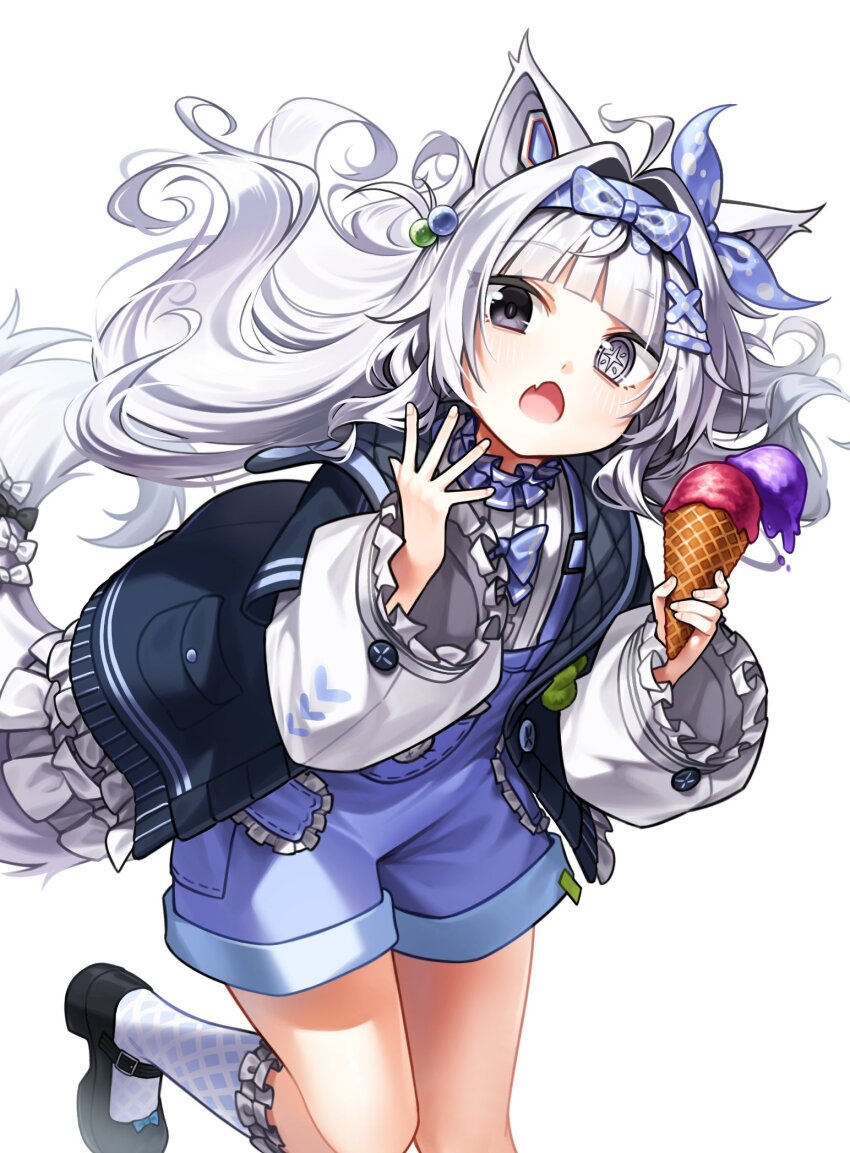 1girl, animal_ears, blue_hairband, blue_ribbon, fang, frilled_shirt, frills, grey_eyes, grey_hair, hair_intakes, hair_ornament, hairband, heterochromia, highres, holding, holding_ice_cream_cone, ice_cream_cone, long_hair, long_sleeves, mechanical_ears, mismatched_pupils, myam_(123ab456c), no._21:_feral_(tiny_bad_wolf)_(pgr), no._21_(pgr), open_mouth, punishing:_gray_raven, ribbon, shirt, shorts, sidelocks, skin_fang, solo, symbol-shaped_pupils, tail, very_long_hair, white_shirt, wide_sleeves, wolf_ears, wolf_tail, x_hair_ornament