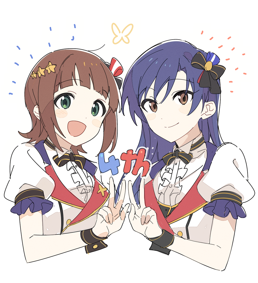 2girls, :d, amami_haruka, anniversary, ap_bar, blue_hair, bow, bowtie