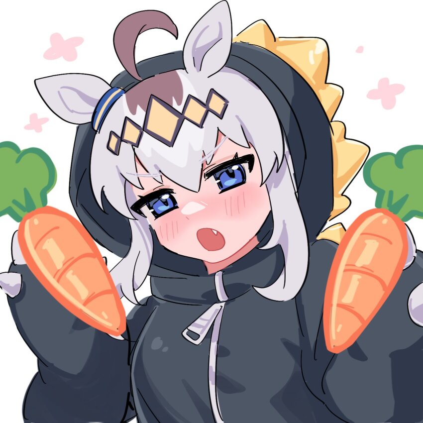 1girl, ahoge, animal_ears, black_hoodie, blue_eyes, blush, carrot, dinosaur_costume