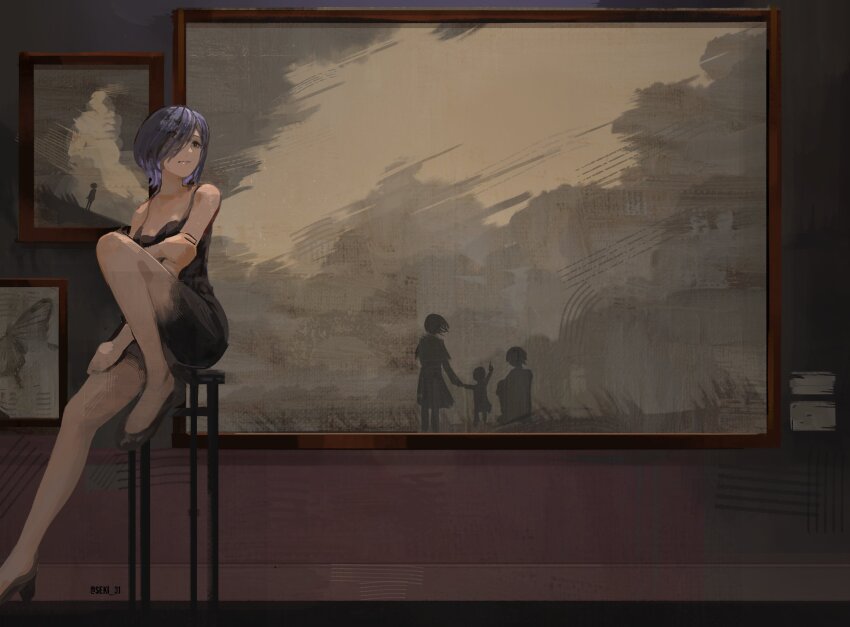 1girl, black_dress, black_shoes, bug, butterfly, canvas_(object), chair, dress