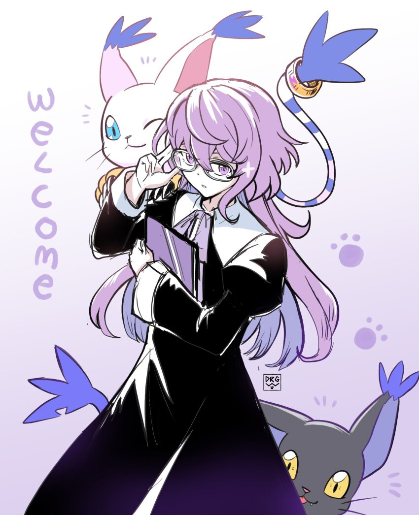 1girl, adjusting_eyewear, aged_down, black_dress, blacktailmon, cat, digimon, digimon_(creature), digimon_story:_time_stranger, dragonwilbert, dress, glasses, highres, mikagura_mirei, purple_eyes, purple_hair, tailmon