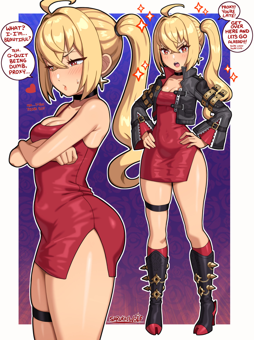 1girl, absurdres, ahoge, alternate_costume, black_choker, black_jacket, blonde_hair, blush, boots, breasts, choker, cleavage, closed_mouth, covered_navel, crossed_arms, dress, hair_between_eyes, hands_on_own_hips, high_heel_boots, high_heels, highres, jacket, long_hair, looking_at_viewer, luciana_de_montefio, medium_breasts, open_clothes, open_jacket, open_mouth, red_dress, red_eyes, revision, right-to-left_comic, sarukaiwolf, shoes, short_dress, side_ponytail, sparkle, spiked_shoes, spikes, taut_clothes, taut_dress, thigh_strap, tight_clothes, tight_dress, tsundere, zenless_zone_zero