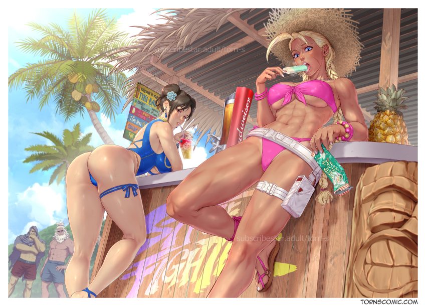 2boys, 2girls, abs, akuma_(street_fighter), alternate_costume, ass, beach, belt, bent_over, bikini, blonde_hair, blue_one-piece_swimsuit, braid, breasts, cammy_white, capcom, chun-li, cleavage, coconut, coconut_tree, cup, curvy, day, double_bun, drink, drinking_straw, food, from_below, hair_bun, hat, highleg, highleg_one-piece_swimsuit, highres, holding, holding_drink, holding_food, holding_popsicle, huge_ass, licking, looking_at_viewer, loose_belt, low_twin_braids, m._bison, multiple_boys, multiple_girls, muscular, muscular_female, official_alternate_costume, one-piece_swimsuit, palm_tree, pink_bikini, popsicle, pouch, sandals, shiny_skin, side-tie_bikini_bottom, standing, strapless, strapless_bikini, straw_hat, street_fighter, street_fighter_6, swimsuit, tan, thigh_pouch, thigh_strap, thighs, thong_one-piece_swimsuit, torn_s, tree, twin_braids, wide_hips