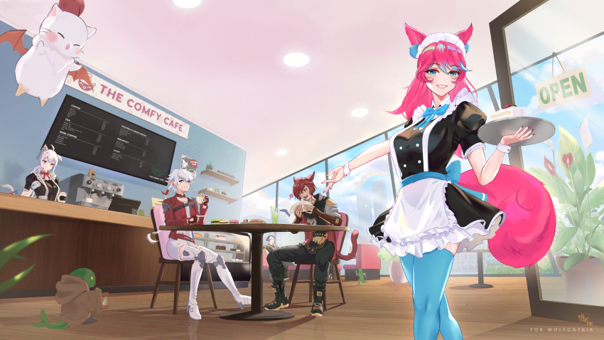 1boy, 3girls, alisaie_leveilleur, animal_ear_fluff, animal_ears, back_bow, black_dress, blue_bow