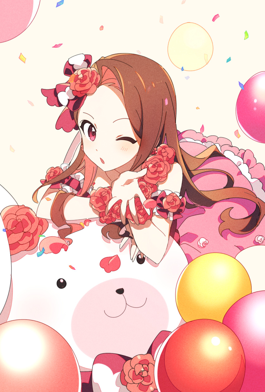 1girl, ap_bar, balloon, bow, brown_hair, child, dress, flower