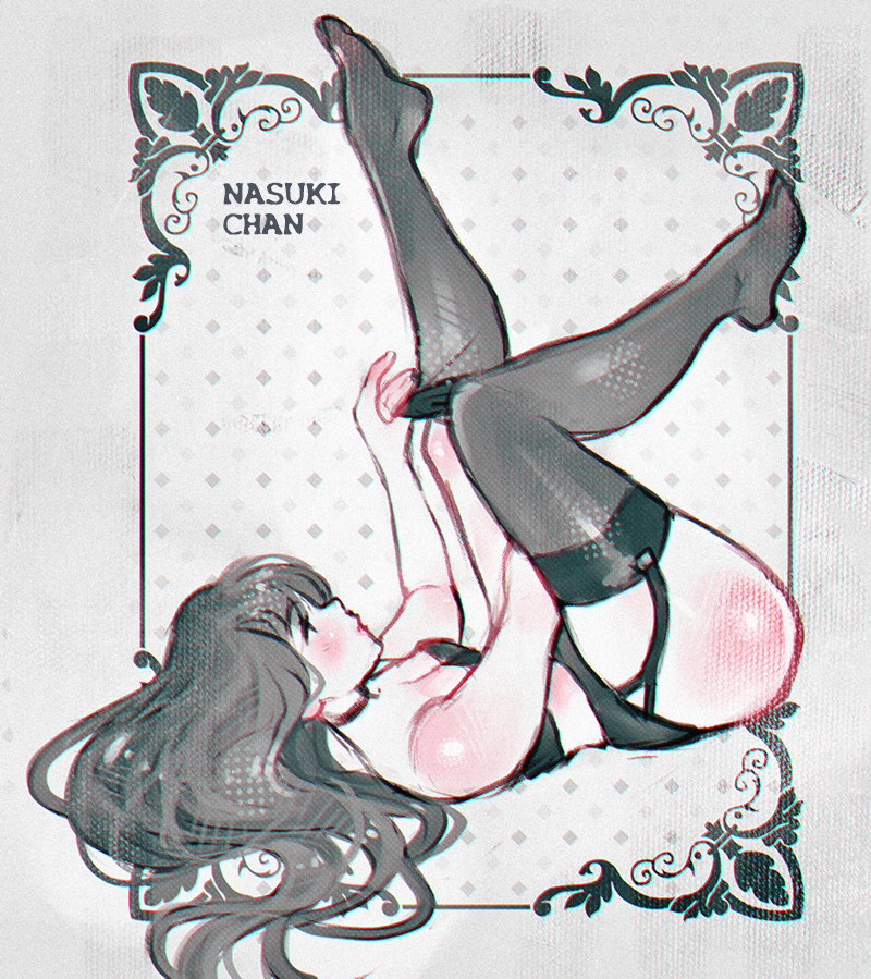 1girl, belt, black_hair, black_thighhighs, character_name, dressing, floral_border, from_side