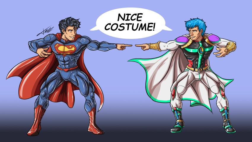 2boys, clark_kent, dc_comics, highres, jhonathan_fill_scott, kal-el, male_focus, multiple_boys, superhero_costume, superman, superman_(series), val_tru, valentman