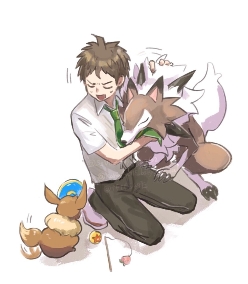 1boy, :d, afterimage, brown_hair, cat_teaser, closed_eyes, collared_shirt, commentary_request, danganronpa_(series), danganronpa_2:_goodbye_despair, eevee, gen_1_pokemon, gen_7_pokemon, green_necktie, highres, hinata_hajime, kneeling, lycanroc, lycanroc_(midday), male_focus, motion_lines, necktie, nintendo, open_mouth, pants, pokemon, pokemon_(creature), shirt, shoes, short_hair, smile, tail, tail_wagging, tftf649e, twitter_username, watermark