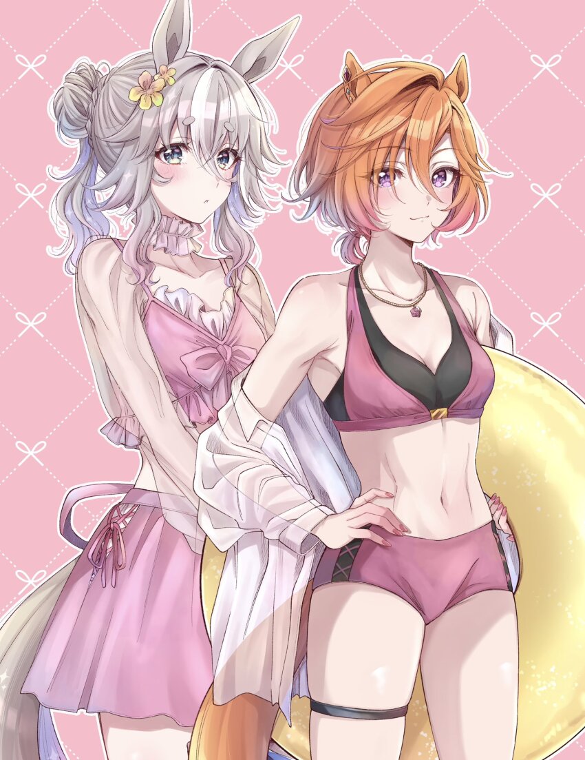 2girls, akari_0313, alternate_costume, alternate_hairstyle, animal_ears, bare_shoulders, bikini, black_bikini