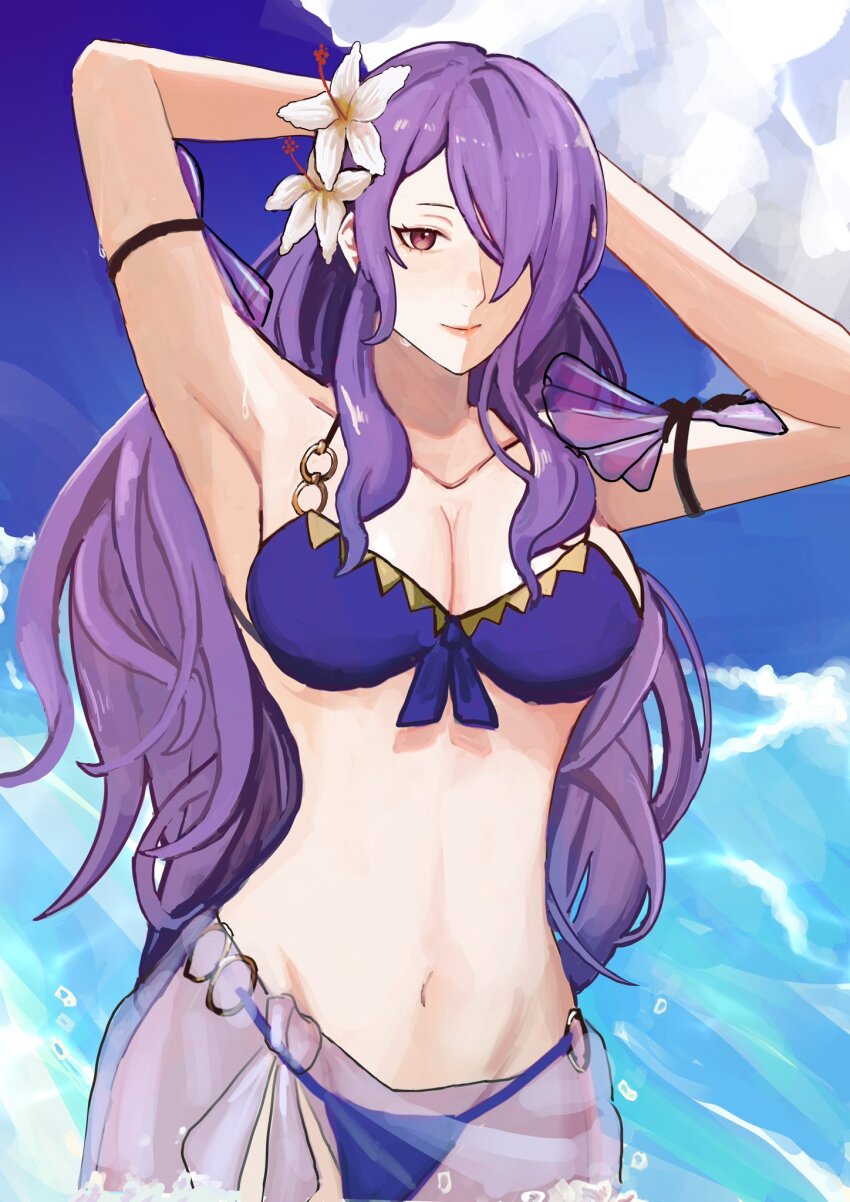 1girl, bikini, blue_bikini, blue_sky, breasts, camilla_(fire_emblem), camilla_(tropical_beauty)_(fire_emblem), cleavage, cloud, commentary, day, fire_emblem, fire_emblem_fates, fire_emblem_heroes, flower, hair_flower, hair_ornament, hair_over_one_eye, highres, large_breasts, long_hair, looking_at_viewer, medium_breasts, navel, nintendo, official_alternate_costume, one_eye_covered, ponzuponta39, purple_eyes, purple_hair, sarong, see-through_clothes, see-through_sarong, sky, solo, stomach, swimsuit, white_flower
