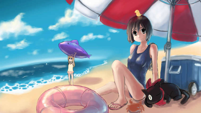 2girls, animal, animal_on_head, beach, beach_umbrella, black_hair, blonde_hair, cameo