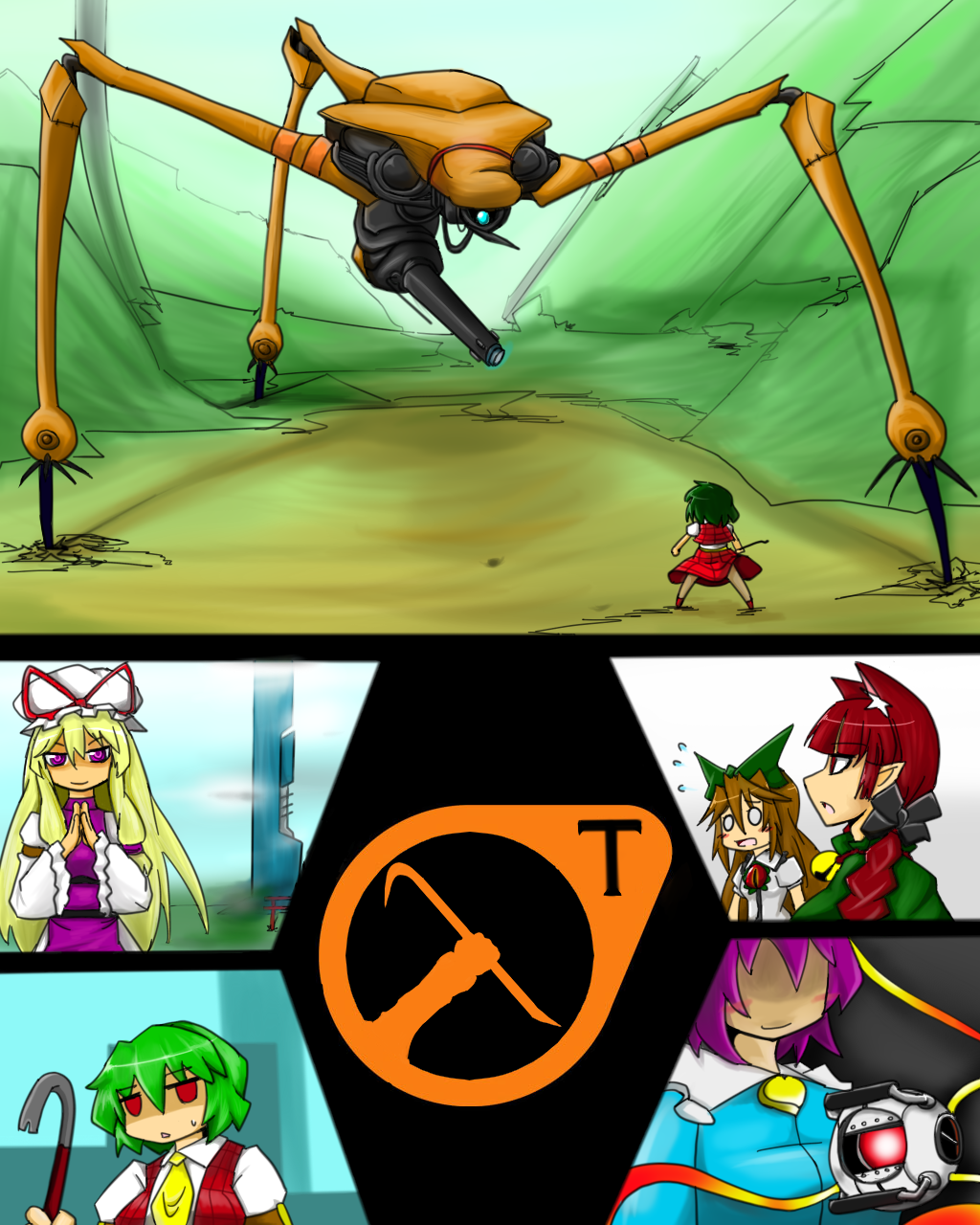 6+girls, animal_ears, bloodycat, bow, braid, crowbar, eyeball, female_focus