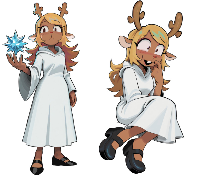 1girl, :o, absurdres, animal_ears, antlers, black_shoes, blush, brown_eyes, buck_teeth, colored_skin, crystal, dark_skin, deer_antlers, deer_ears, deer_girl, deltarune, fawken, freckles, frown, furry, furry_female, highres, horns, long_hair, mary_janes, multiple_views, noelle_holiday, noelle_holiday_(dark_world), robe, shoes, simple_background, sweatdrop, teeth, utdr_(toby_fox), white_background, white_robe