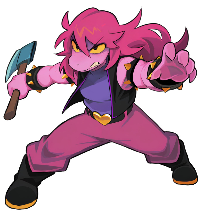 1girl, armlet, axe, belt, black_boots, boots, bracelet, colored_sclera