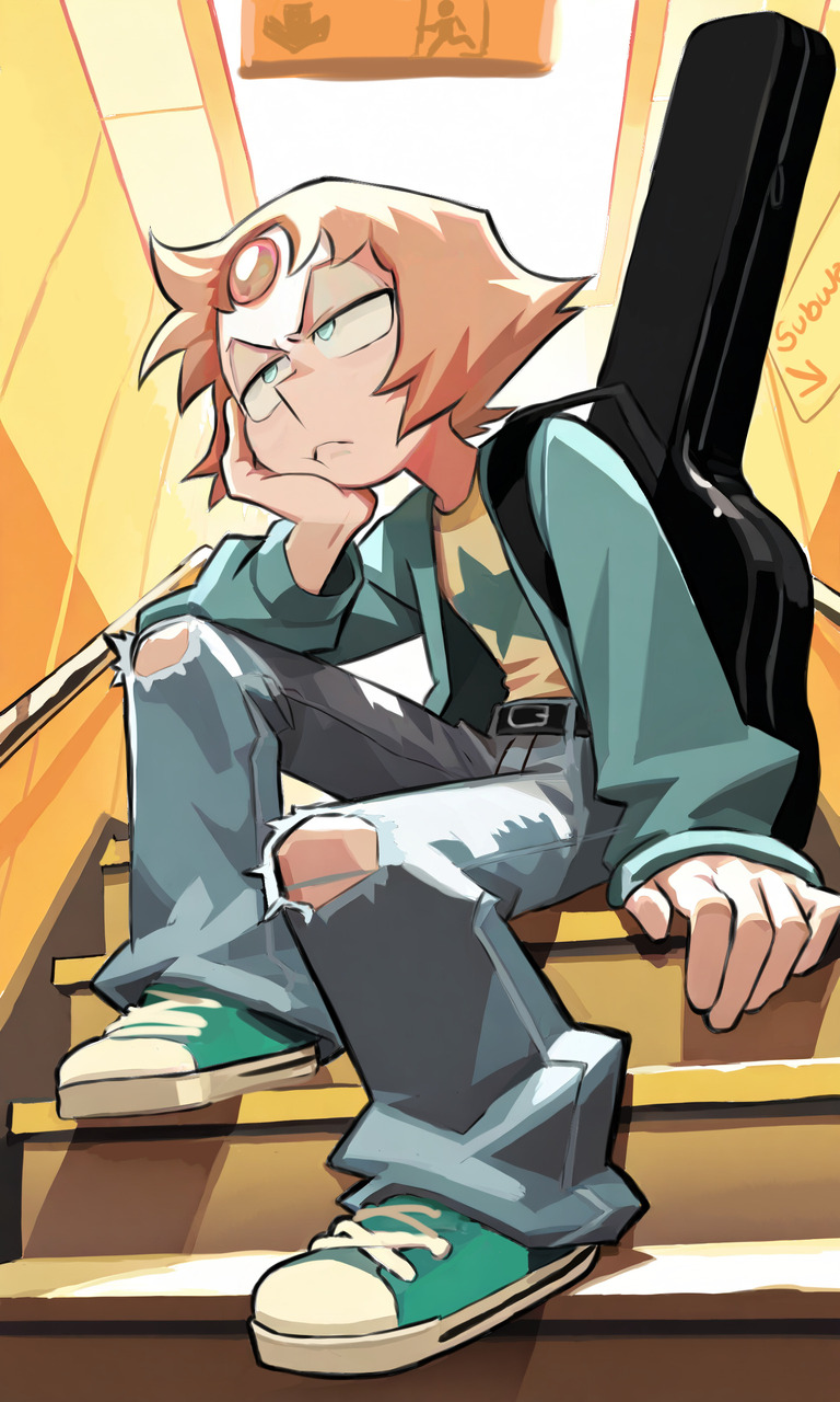 1girl, belt, commentary, denim, english_commentary, fawken, forehead_jewel, frown