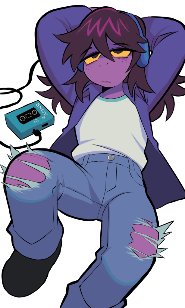 1girl, black_shoes, cassette_player, colored_skin, deltarune, denim, fawken, freckles