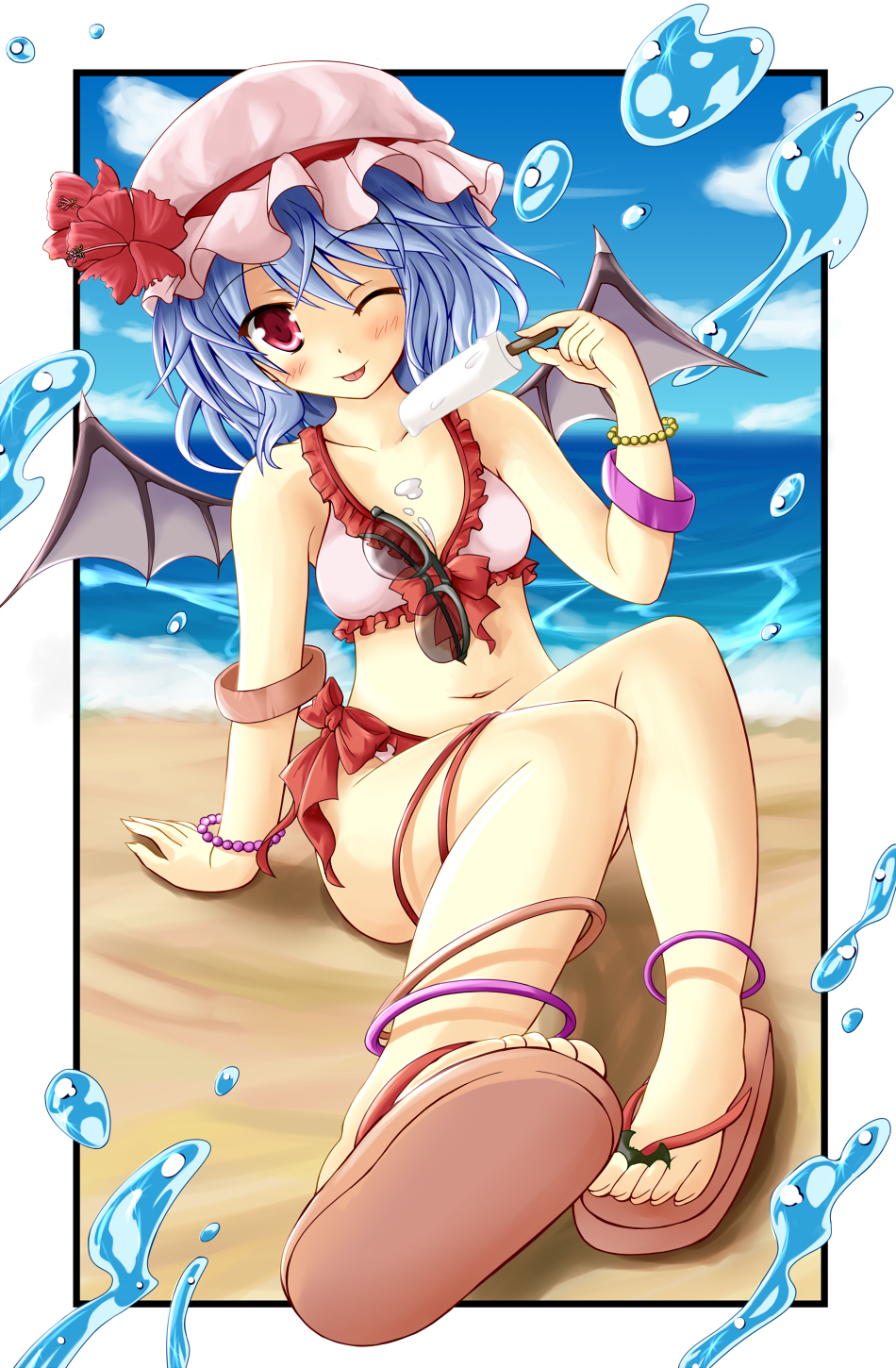 1girl, :p, ;p, anklet, armband, bat_wings, beach, bikini, blue_hair, blush, bracelet, day, dripping, eyewear_hang, feet, female_focus, flip-flops, flower, food, foreshortening, frilled_bikini, frills, hat, hat_flower, hibiscus, highres, hiiragi_tomoka, ice_cream, jewelry, navel, one_eye_closed, outdoors, pink_bikini, popsicle, red_eyes, remilia_scarlet, sandals, sexually_suggestive, sitting, smile, solo, sunglasses, swimsuit, toes, tongue, tongue_out, touhou, unworn_eyewear, water, water_drop, wings, wink