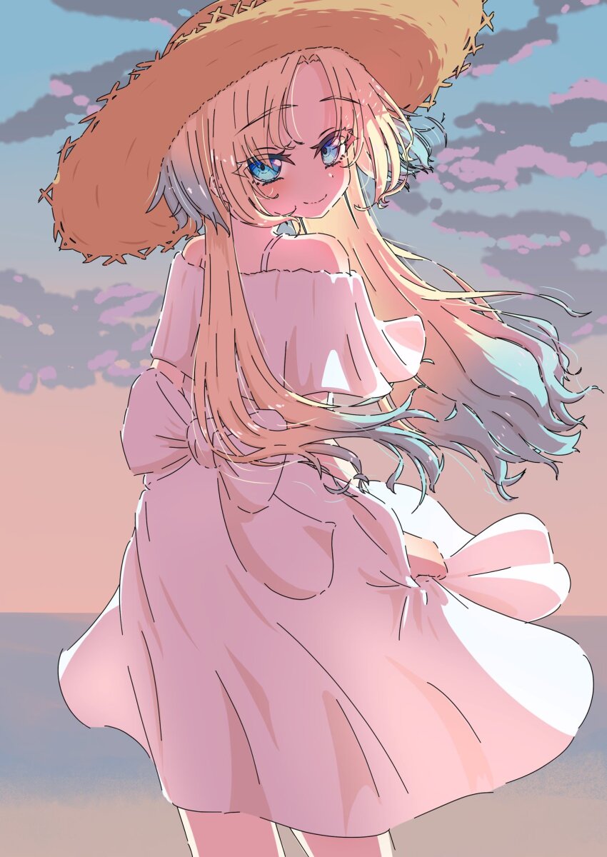 1girl, blonde_hair, blue_eyes, blue_hair, blue_sky, brown_hat, cloud, commentary