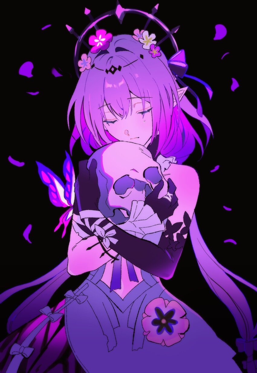 1girl, arm_ribbon, bare_shoulders, black_background, black_choker, black_gloves, black_tiara, bow, bug, butterfly, butterfly_ornament, castorice_(honkai:_star_rail), choker, closed_eyes, closed_mouth, clothing_cutout, commentary, cowboy_shot, crossed_arms, dress, elbow_gloves, english_commentary, flower, flower_ornament, frills, gloves, hair_between_eyes, hair_bow, hands_up, hazozoyaku, highres, holding, holding_skull, honkai:_star_rail, honkai_(series), insect, long_hair, low_twintails, petals, pink_flower, pointy_ears, purple_bow, purple_butterfly, purple_dress, purple_hair, ribbon, simple_background, skull, sleeveless, sleeveless_dress, smile, solo, standing, tiara, twintails, very_long_hair, white_ribbon
