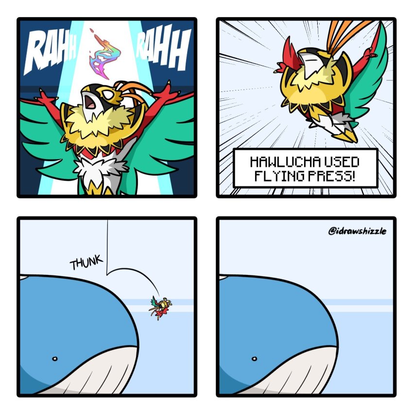 1other, aura_(idrawshizzle), bird, blank_eyes, claws, closed_mouth, feathers, flying_press_(pokemon), furry, gen_3_pokemon, gen_6_pokemon, hawlucha, highres, luchador, luchador_mask, mask, mega_evolution_symbol, mega_hawlucha, mega_pokemon, nintendo, open_mouth, plume, pokemon, pokemon_(creature), pokemon_focus, pokemon_move, sound_effects, spotlight, wailord, whale, wing_cape, wings