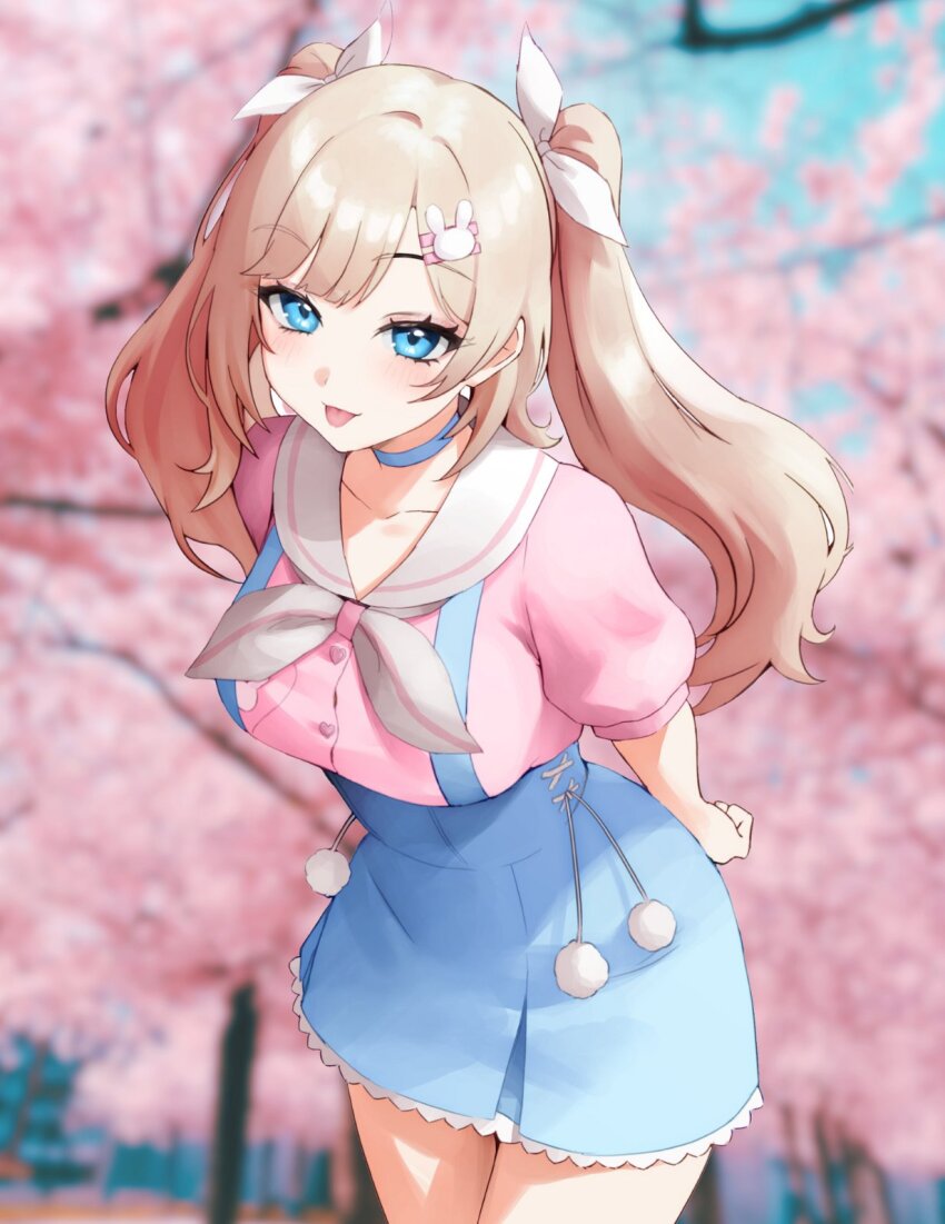 1girl, blonde_hair, blondedaze, blue_eyes, blue_skirt, blurry, blurry_background, breasts