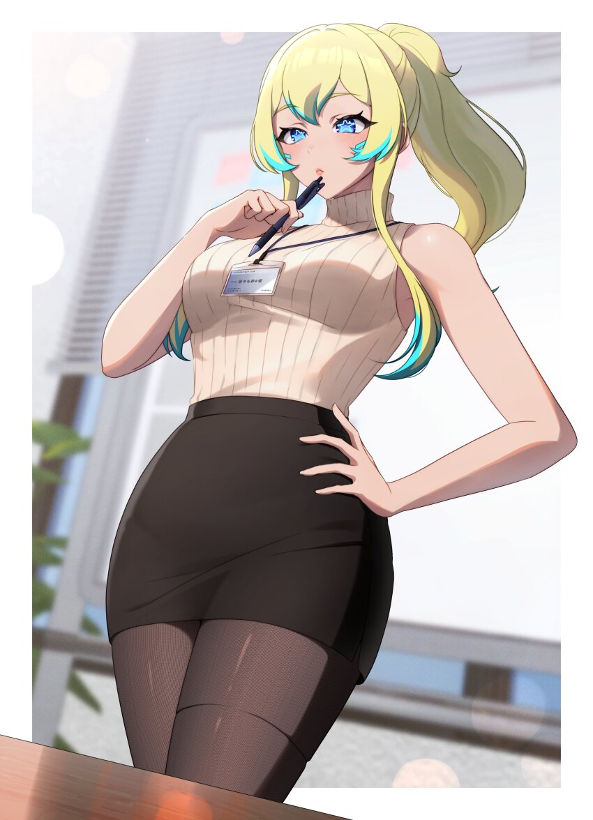 1girl, absurdres, black_skirt, blonde_hair, blue_eyes, blue_hair, blurry, blurry_background