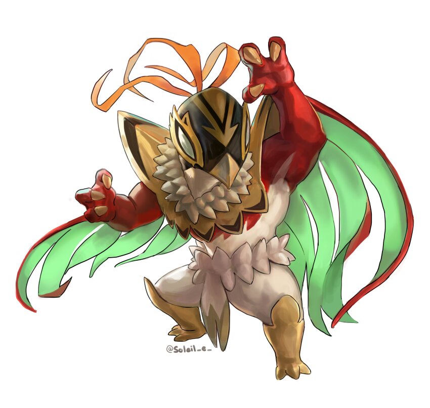 1other, absurdres, arm_up, bird, blank_eyes, claws, facing_viewer, feathers, furry, gen_6_pokemon, hawlucha, highres, luchador, luchador_mask, mask, mega_hawlucha, mega_pokemon, nintendo, plume, pokemon, pokemon_(creature), pokemon_focus, simple_background, soleil_e, white_background, wing_cape, wings