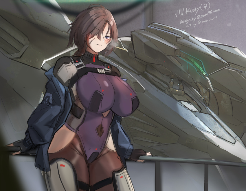 absurdres, armored_core, armored_core_vi:_fires_of_rubicon, assault_visor, breasts, brown_hair, fromsoftware, genderswap, genderswap_(mtf), highres, machinery, mecha, mecha_focus, mecha_pilot_suit, mobius_(mobiusu14), robot, scar, science_fiction, v.iv_rusty