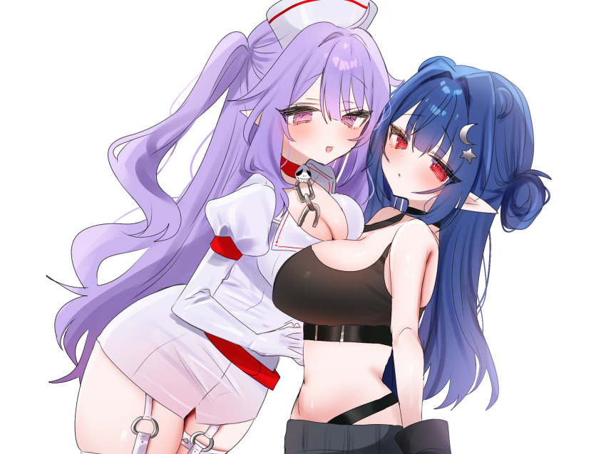 black_sports_bra, blue_hair, breast_press, breasts, choker, cosplay, costume_switch, crescent