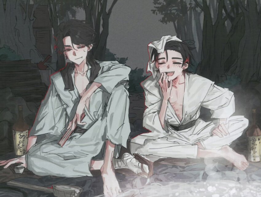 2boys, barefoot, black_hair, bottle, closed_eyes, crossed_legs, fang, folded_fan