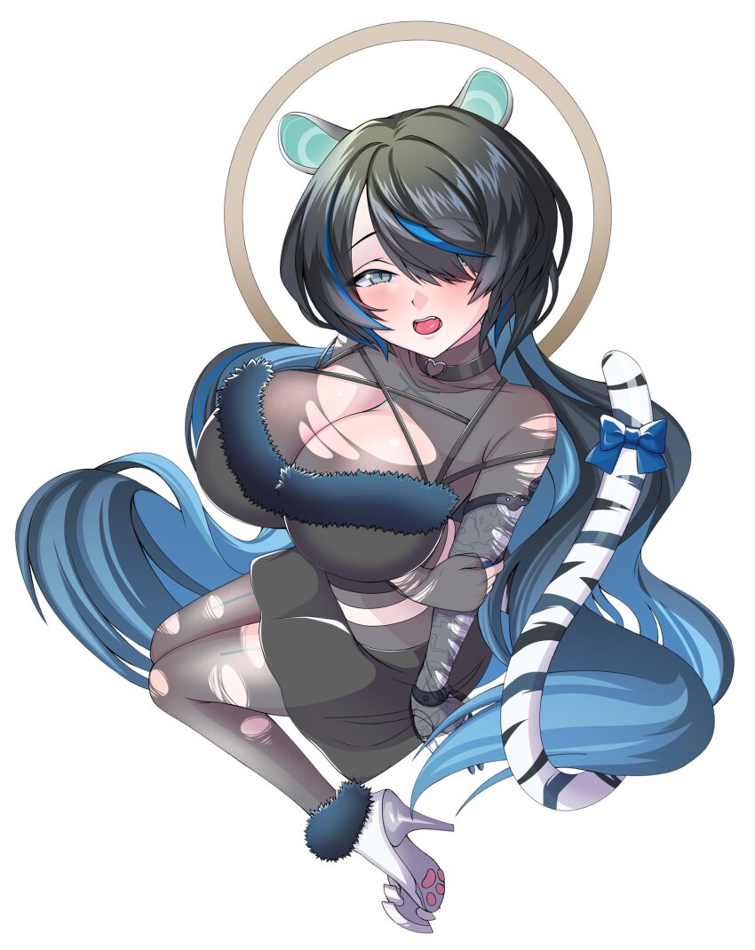 1a1acthulhu, 1girl, animal_ears, black_hair, black_skirt, blue_bow, blue_hair, blue_nails