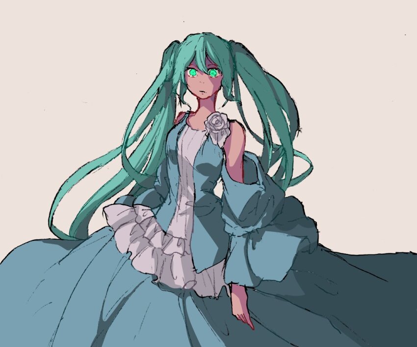 aqua_hair, asymmetrical_dress, baggy_clothes, bare_shoulders, blue_dress, closed_mouth, clothing_cutout, cosplay