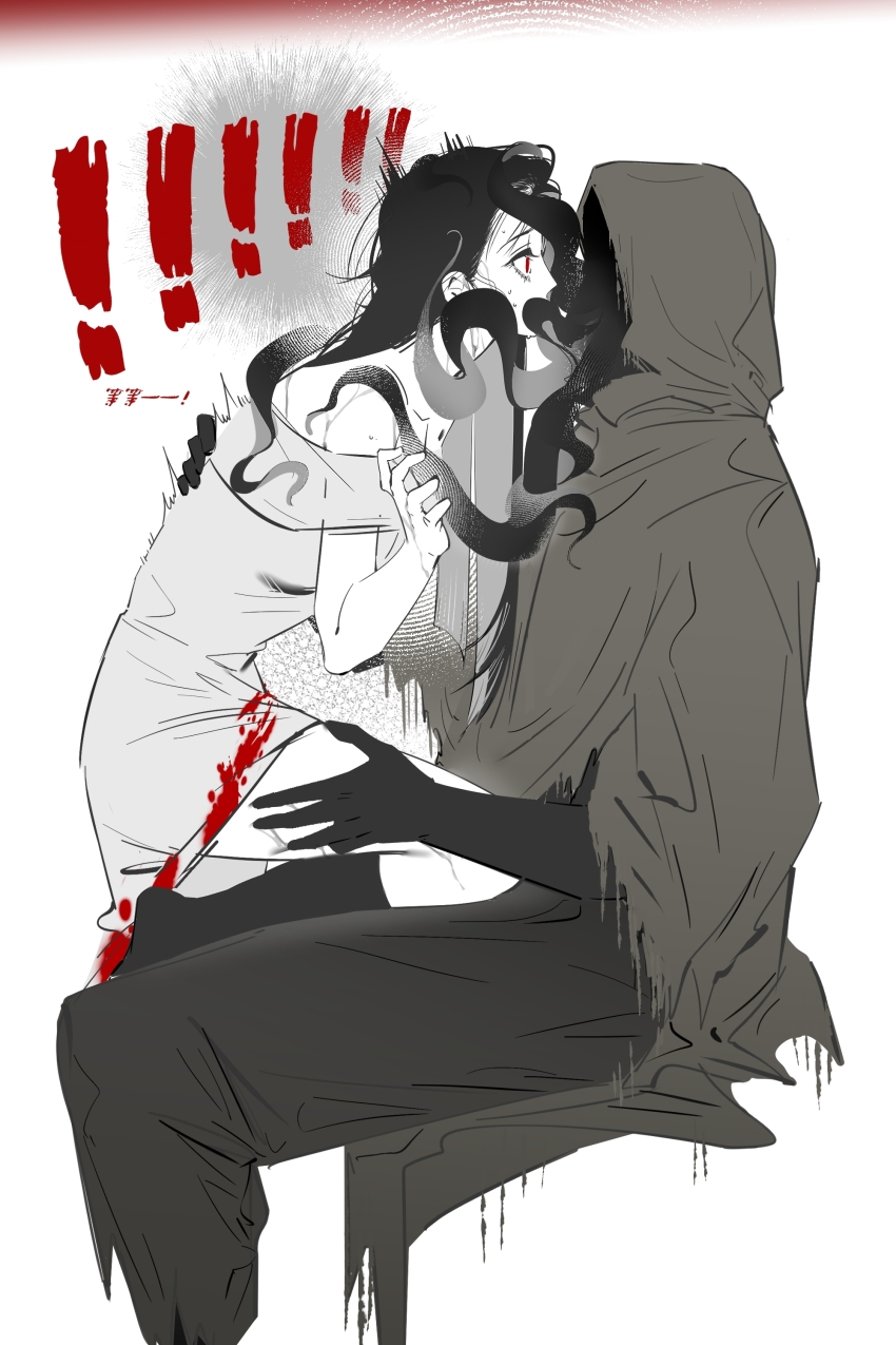 !, !!, 1boy, 1girl, absurdres, adashino_adami, black_hair, blood, blood_on_clothes, chinese_commentary, chinese_text, cloak, dress, grey_dress, hetero, highres, holding_another's_leg, homicipher, homicipher_text, hood, hood_up, hooded_cloak, kiss, long_hair, looking_at_another, mixed-language_text, monster_boy, mr._hood, red_eyes, surprised, tentacles, translation_request, white_background, wide-eyed, yu_lan