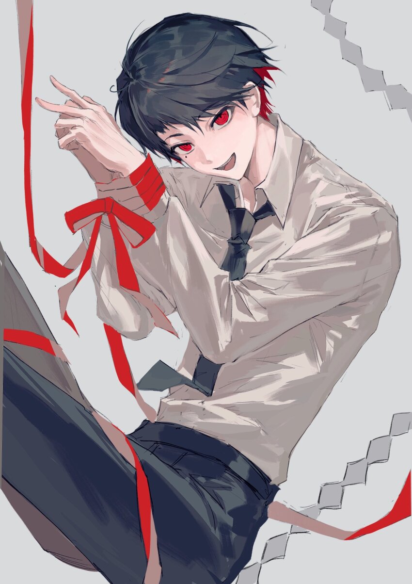 1boy, black_hair, black_necktie, black_pants, bound, bound_wrists, collared_shirt, grey_background