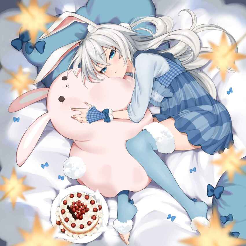 1girl, animal_ear_fluff, animal_ears, blue_bow, blue_dress, blue_eyes, blue_thighhighs, bow