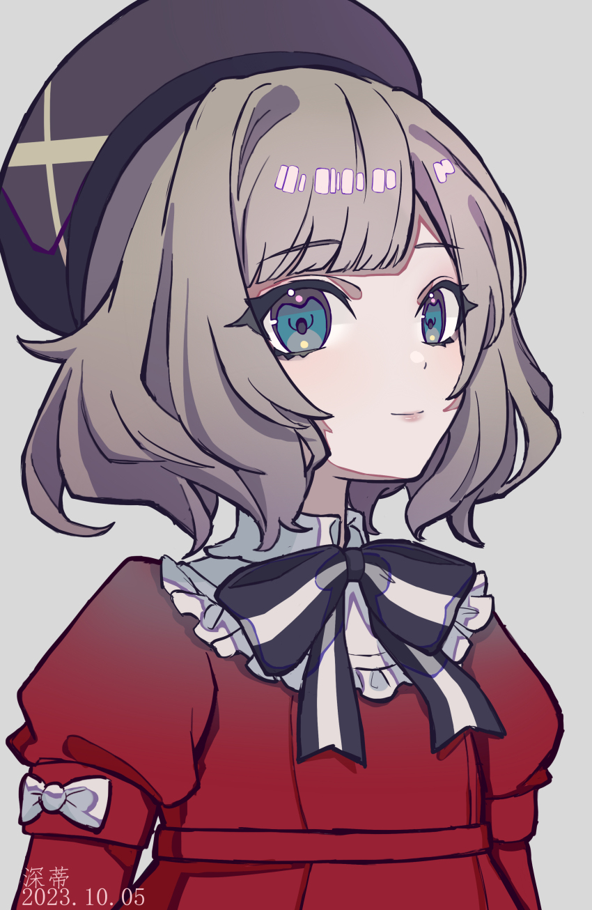 1girl, absurdres, bib_collar, black_bow, black_bowtie, black_hat, blue_eyes, bow