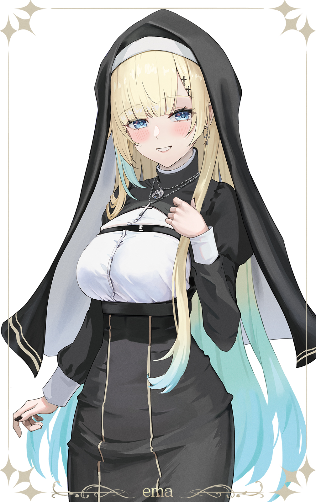 1girl, aizawa_ema, aqua_hair, black_dress, black_veil, blonde_hair, blue_eyes, breasts