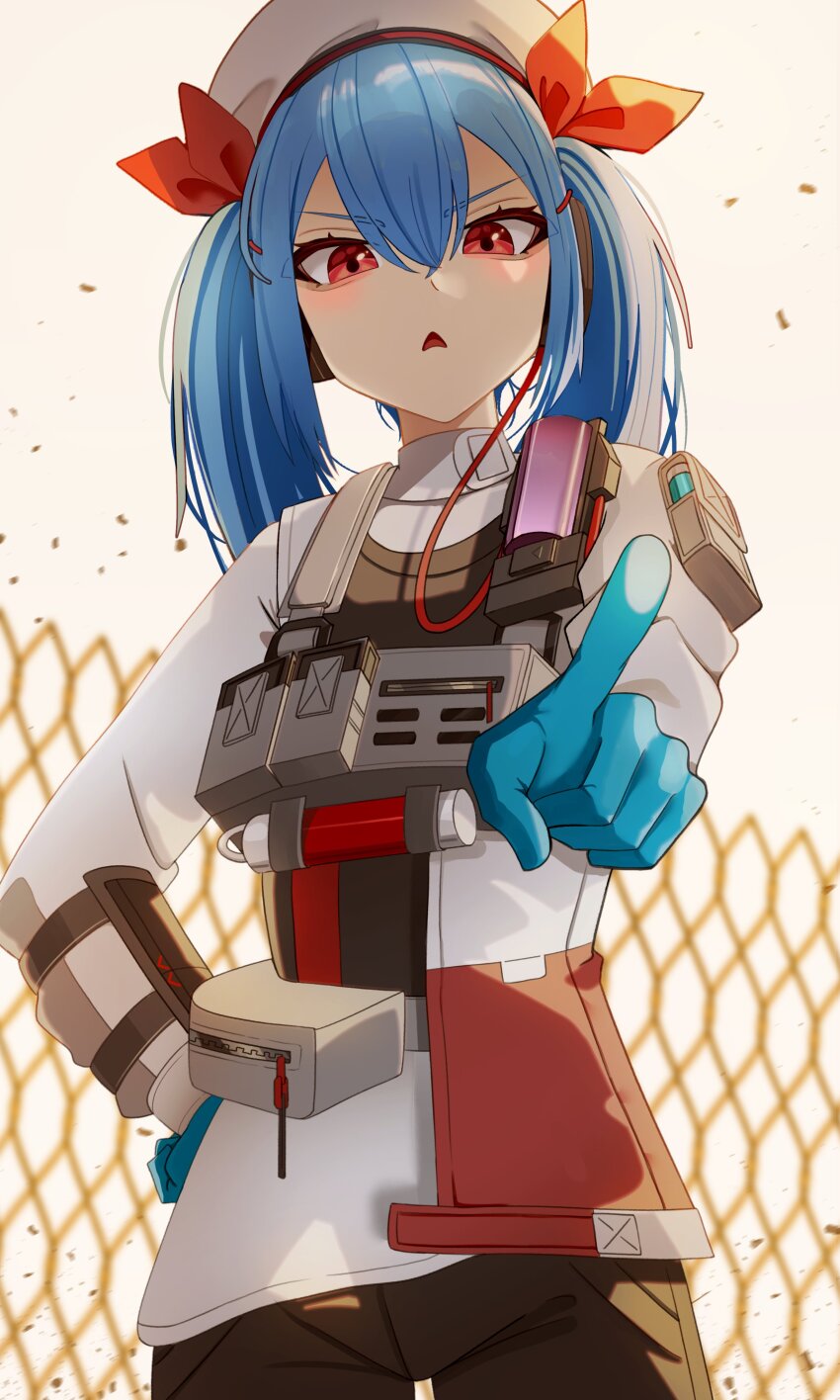 1girl, absurdres, angry, black_shorts, blue_gloves, blue_hair, blush, breasts