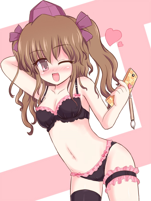 1girl, arm_up, black_bra, black_panties, blush, bra, breasts, brown_eyes, brown_hair, cellphone, cleavage, dutch_angle, female_focus, frilled_thigh_strap, hair_ribbon, hat, heart, himekaidou_hatate, lingerie, long_hair, navel, one_eye_closed, panties, phone, ribbon, ry_(yagoyago), simple_background, single_thighhigh, solo, thigh_strap, thighhighs, tokin_hat, touhou, twintails, underwear, underwear_only, wink